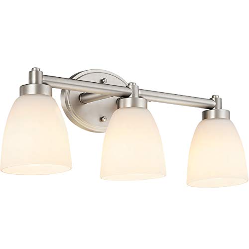 3-Light Bathroom Vanity Light Wall Sconce  22-in Brushed Nickel Bowl Bathroom Lighting Fixture Over Mirror WOpal Glass Shade